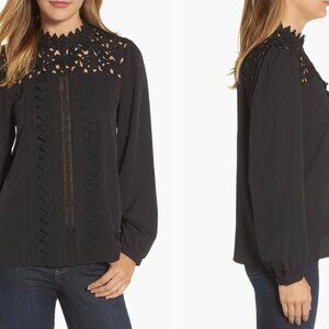 Halogen Lace Yoke Mock Neck Long Sleeve Pullover Blouse In Black Size XL
